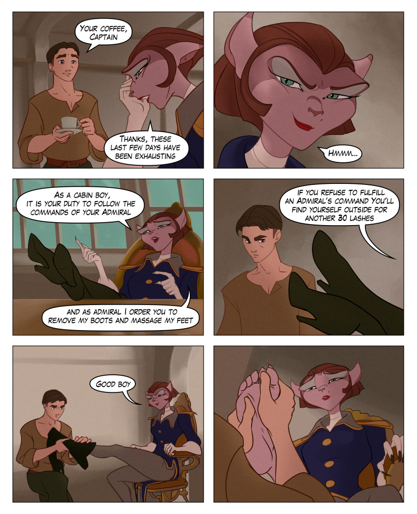 absurd_res anthro beauty_mark boots brown_hair captain_amelia clothing comic disney domestic_cat duo english_text felid feline felis female foot_fetish footwear green_eyes hair hi_res human jim_hawkins justsantiago male male/female mammal text treasure_planet