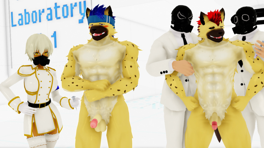 16:9 2019 3d_(artwork) anthro balls blush brother brothers digital_media_(artwork) female human hyaenid injection male malicekira mammal muscular muscular_male nude open_mouth penis sibling spotted_hyena syringe twins waidan_kai