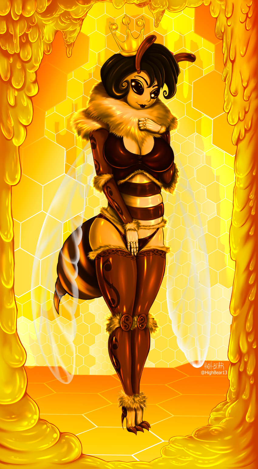 absurd_res antennae_(anatomy) anthro arthropod arthropod_abdomen bee big_breasts black_eyes blush breasts brush clothing comb compound_eyes female fur hair hairbrush hi_res high-bear honey hymenopteran insect insect_wings leotard navel neck_tuft queen royalty simple_background solo thick_thighs tuft wings