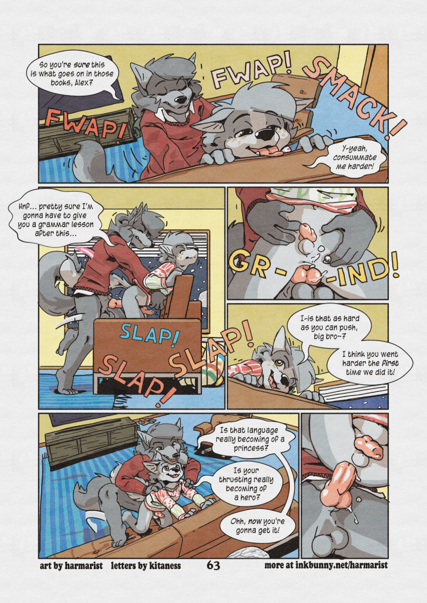 alex_(harmarist) anthro black_nose canid canine canis comic cub english_text from_behind_position fur grey_fur harmarist hi_res incest kitaness male male/male mammal open_mouth penis sex speech_bubble text tongue will_(harmarist) wolf young