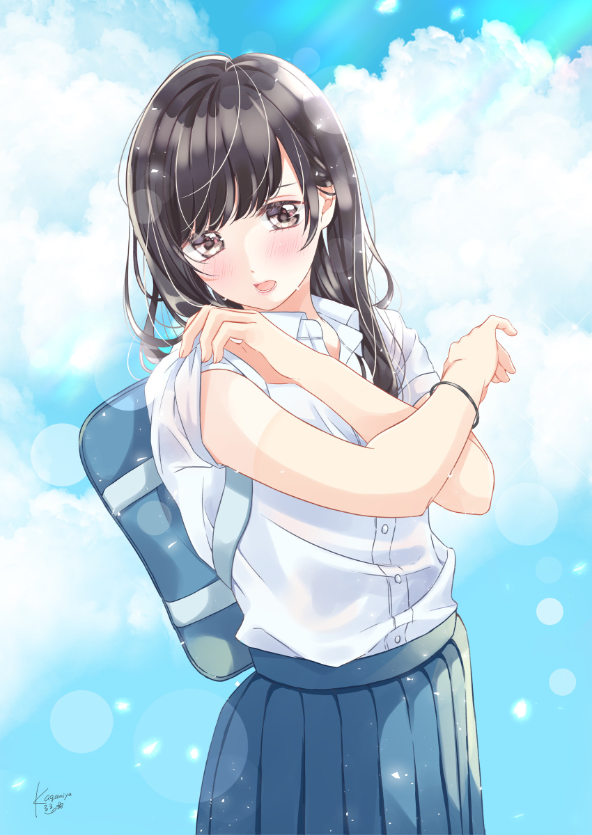 absurdres adjusting_clothes artist_name bag black_hair blue_background blue_skirt blue_sky blush bookbag brown_eyes cloud day highres kagamiya_ruru long_hair looking_at_viewer open_mouth original outdoors pleated_skirt school_uniform shirt skirt sky sleeves_rolled_up sweat uniform white_shirt wristband