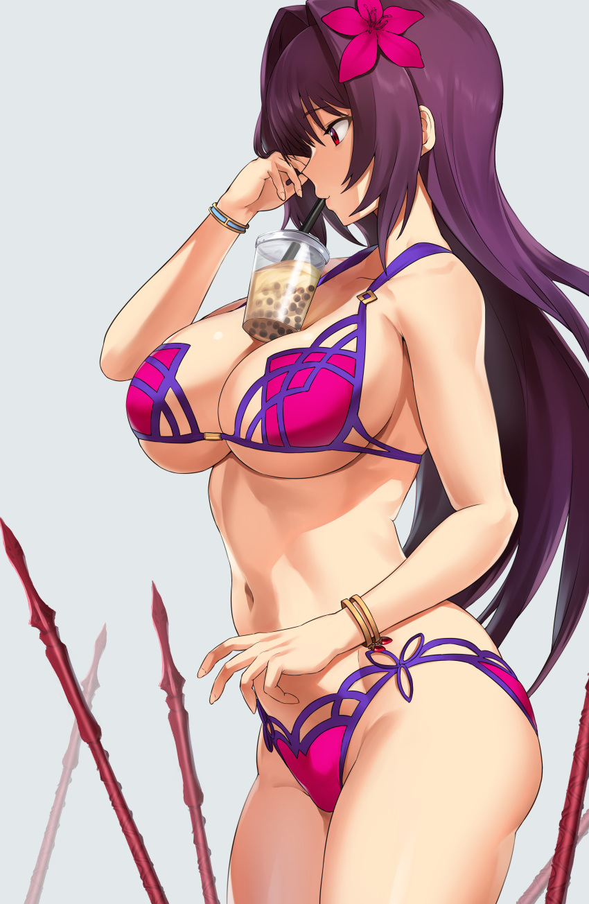 1girl absurdres bangs bare_shoulders bikini bracelet breasts bubble_tea bubble_tea_challenge cleavage collarbone cup disposable_cup drinking_straw fate/grand_order fate_(series) flower fujitsubo_(hujitubo0731) gae_bolg hair_between_eyes hair_flower hair_ornament hibiscus highres jewelry large_breasts long_hair navel object_on_breast polearm purple_bikini purple_hair red_eyes scathach_(fate)_(all) scathach_(swimsuit_assassin)_(fate) simple_background solo spear swimsuit thighs weapon