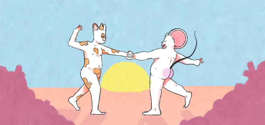 butt digital_media_(artwork) domestic_cat duo felid feline felis hi_res male male/male mammal mouse murid murine nipples nude punstar rodent simple_background smile