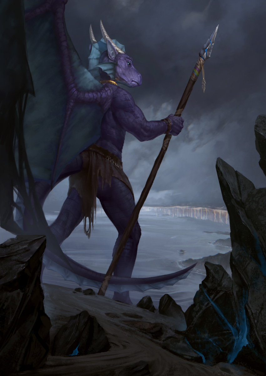 2019 anthro blue_eyes claws conditional_dnp detailed_background dragon hi_res holding_spear horn latex_(artist) male membrane_(anatomy) membranous_wings purple_scales scales scalie solo spines western_dragon wings