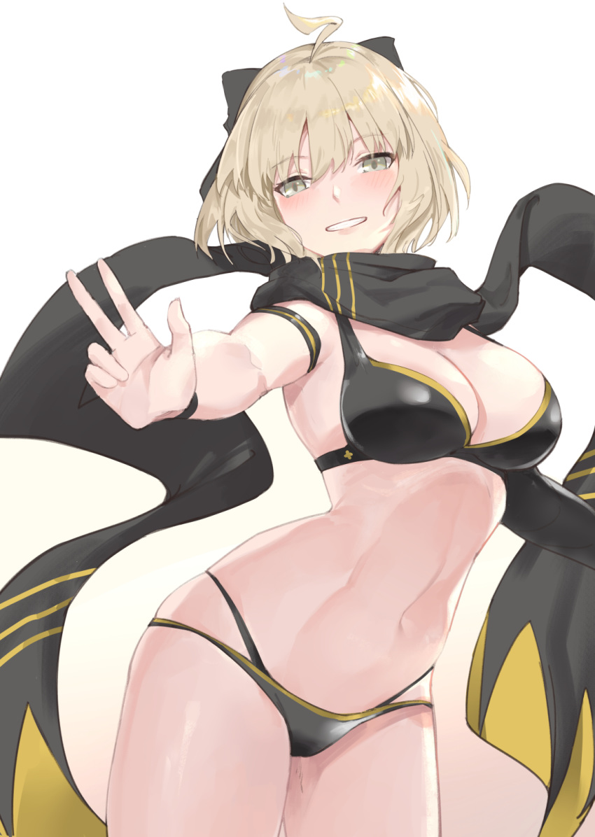 1girl ahoge bangs bare_shoulders bikini bk201 black_bikini black_bow black_gloves black_scarf blonde_hair blush bow breasts cleavage commentary_request eyebrows_visible_through_hair fate/grand_order fate_(series) gloves hair_between_eyes hair_bow highres looking_at_viewer navel okita_souji_(swimsuit_assassin)_(fate) scarf short_hair simple_background single_glove smile solo swimsuit w white_background yellow_eyes