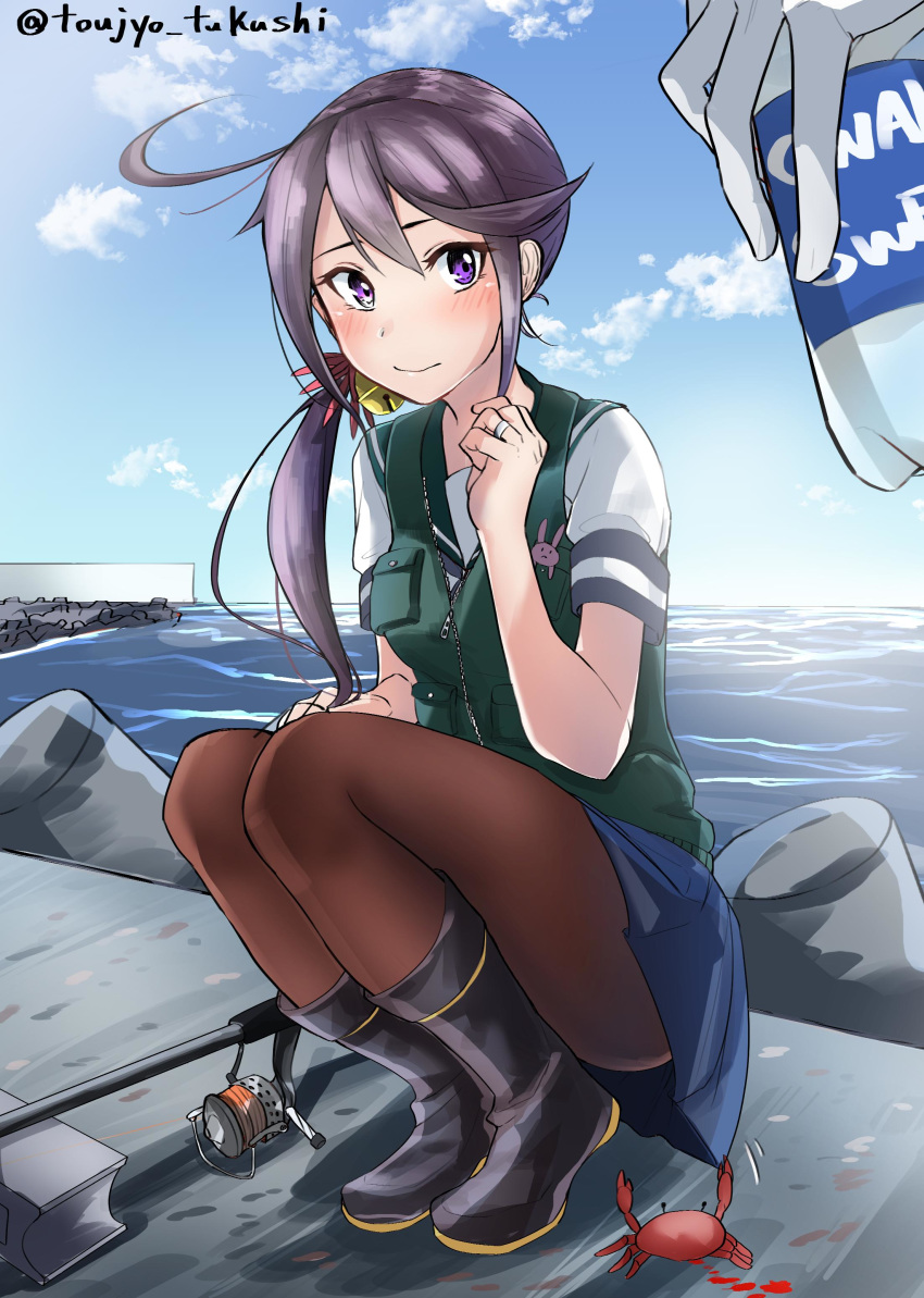 1girl 1other absurdres akebono_(kantai_collection) bell black_legwear blue_skirt blue_sky bottle cloud commentary_request crab day dock fishing_rod flower full_body grey_vest hair_bell hair_flower hair_ornament highres jingle_bell kantai_collection long_hair outdoors pantyhose pleated_skirt purple_eyes purple_hair school_uniform serafuku short_sleeves side_ponytail skirt sky squatting tetrapod toujo_tsukushi very_long_hair vest