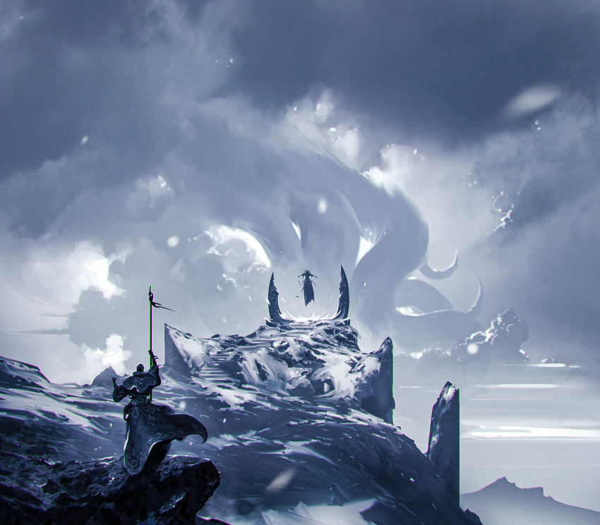 2others ambiguous_gender capelet cloud cloudy_sky commentary english_commentary floating from_behind giant giant_monster highres holding holding_staff kalmahul monster multiple_others original robe scenery sea_creature sky snow staff standing