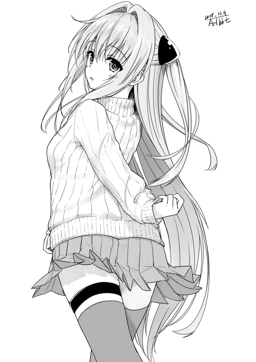 1girl 2018 arm_behind_back bangs dated eyebrows_visible_through_hair floating_hair greyscale hair_between_eyes hair_intakes hair_ornament highres konjiki_no_yami long_hair long_sleeves looking_at_viewer miniskirt monochrome open_mouth pleated_skirt ribbed_sweater signature simple_background skirt solo standing sweater thigh_strap thighhighs to_love-ru traveler_(artbbt) very_long_hair white_background zettai_ryouiki