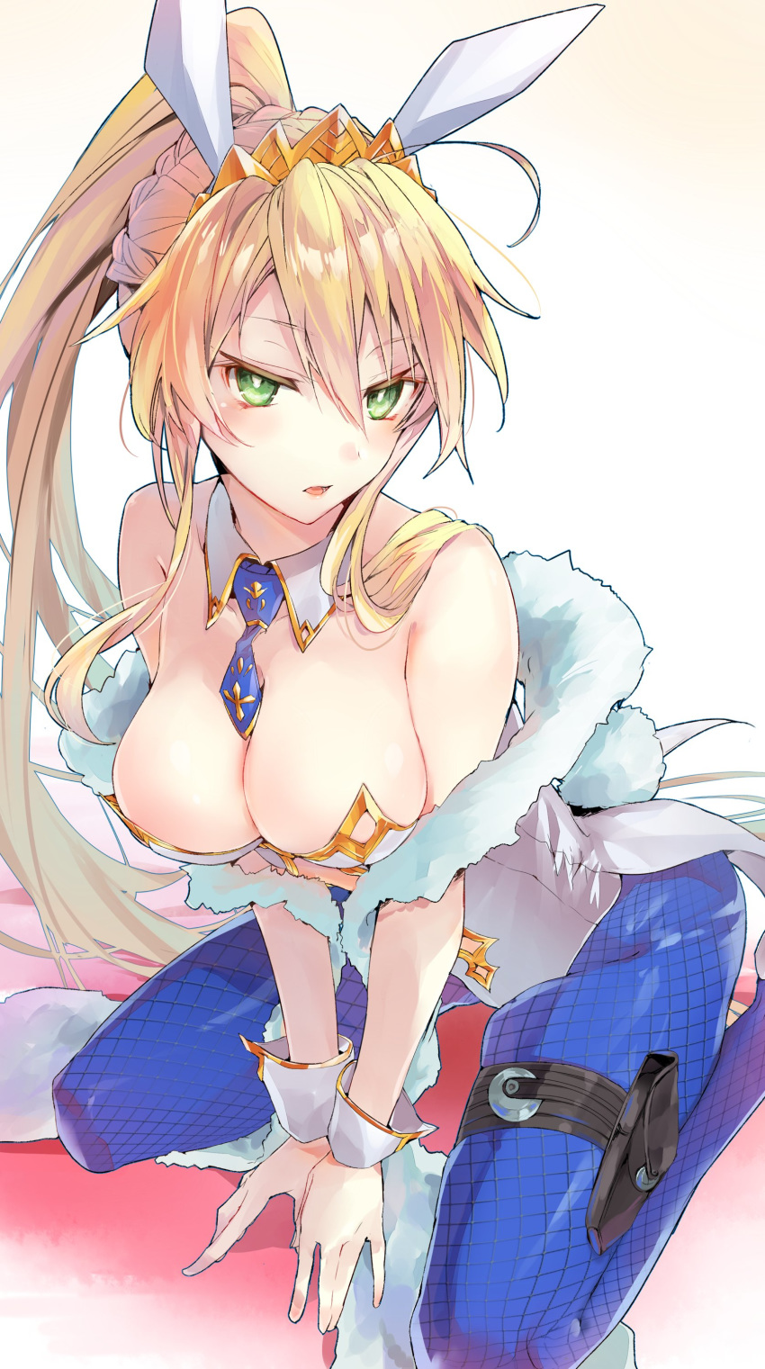 1girl absurdres animal_ears artoria_pendragon_(all) artoria_pendragon_(swimsuit_ruler)_(fate) bangs bare_shoulders between_legs blonde_hair blue_legwear blue_neckwear blush braid breasts bunny_ears bunny_girl bunny_tail bunnysuit cleavage collar collarbone commentary_request detached_collar eyebrows_visible_through_hair fate/grand_order fate_(series) green_eyes hair_between_eyes hand_between_legs high_ponytail highres large_breasts leaning_forward leotard long_hair looking_at_viewer necktie pantyhose parted_lips ponytail short_necktie sidelocks solo strapless strapless_leotard tail thigh_strap tiara tomozero very_long_hair white_collar white_leotard wing_collar wrist_cuffs