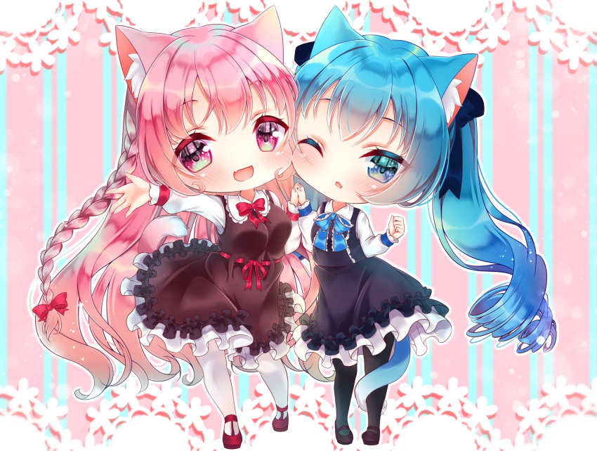 2girls :d animal_ear_fluff animal_ears bangs black_dress black_footwear black_legwear blue_bow blue_eyes blue_hair blurry blurry_background blush bow braid breasts brown_dress cat_ears cat_girl cat_tail chibi collared_dress commentary_request depth_of_field dress eyebrows_visible_through_hair hair_between_eyes hair_bow highres long_hair long_sleeves medium_breasts mirai_(happy-floral) multiple_girls one_eye_closed open_mouth original outstretched_arm pantyhose parted_lips pink_hair purple_eyes red_bow red_footwear shirt shoes side_braid sleeveless sleeveless_dress smile striped striped_background tail twintails vertical-striped_background vertical_stripes very_long_hair white_legwear white_shirt