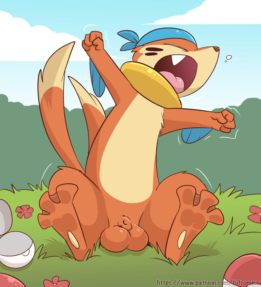 animal_genitalia balls bandanna buizel fuf fully_sheathed grass hi_res male nintendo open_mouth pok&eacute;ball pok&eacute;mon pok&eacute;mon_(species) sheath sitting solo stretching video_games yawn