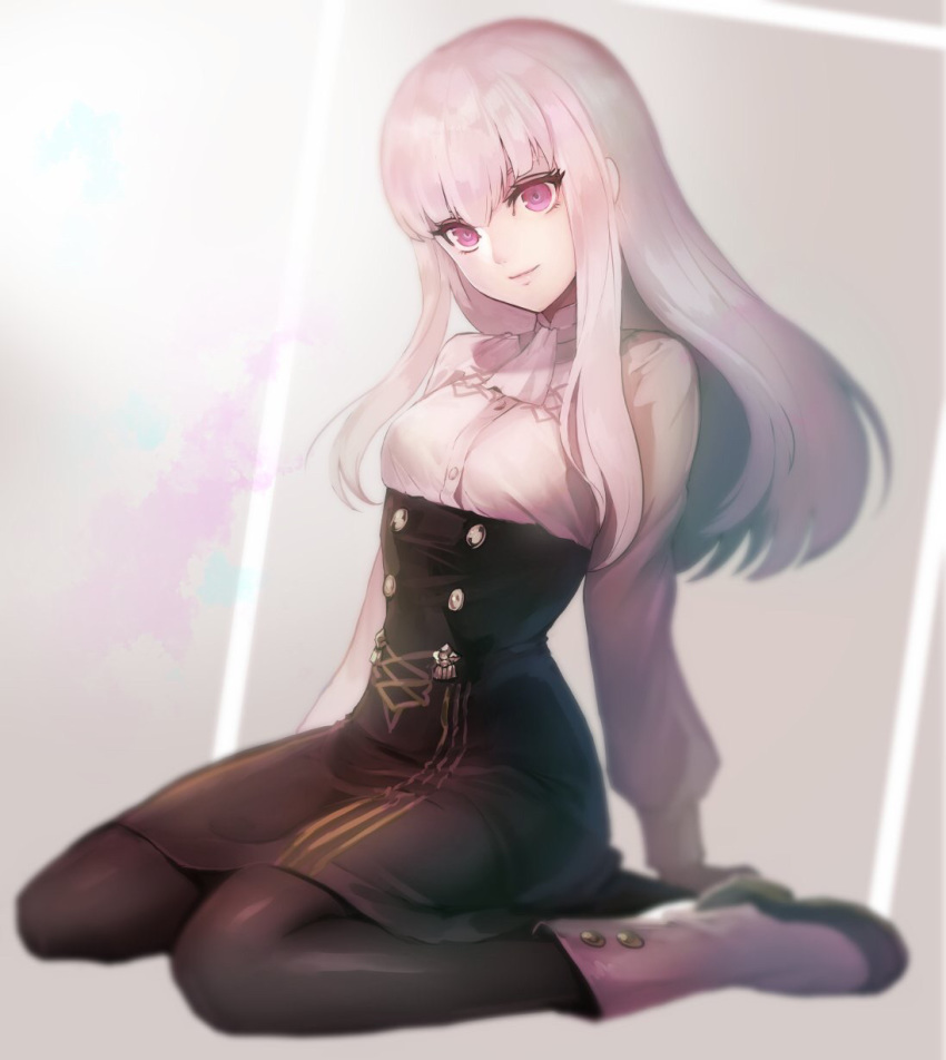 1girl bangs commentary_request fire_emblem fire_emblem:_three_houses highres kokouno_oyazi long_hair long_sleeves looking_at_viewer lysithea_von_ordelia pantyhose pink_eyes purple_eyes shirt simple_background sitting skirt smile solo uniform upper_body white_background white_hair