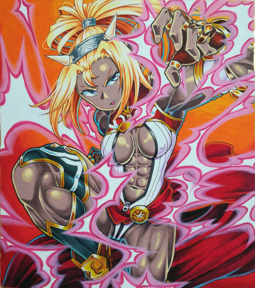 1girl abs bestla_(sennen_sensou_aigis) blonde_hair blue_eyes breasts clenched_hand covered_nipples crane_stance dark_skin fang fighting_stance hair_intakes high_ponytail highres horns medium_breasts muscle muscular_female navel open_clothes orc sennen_sensou_aigis solo soune1000 standing standing_on_one_leg traditional_media white_background zipper