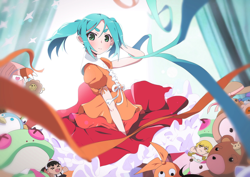 1girl absurdres aqua_hair bakemonogatari blue_ribbon drawdream1025 dress green_eyes hat highres indoors looking_at_viewer monogatari_(series) ononoki_yotsugi orange_dress orange_ribbon ribbon short_hair short_sleeves solo stuffed_animal stuffed_dog stuffed_lion stuffed_penguin stuffed_toy teddy_bear thick_eyebrows twintails white_ribbon