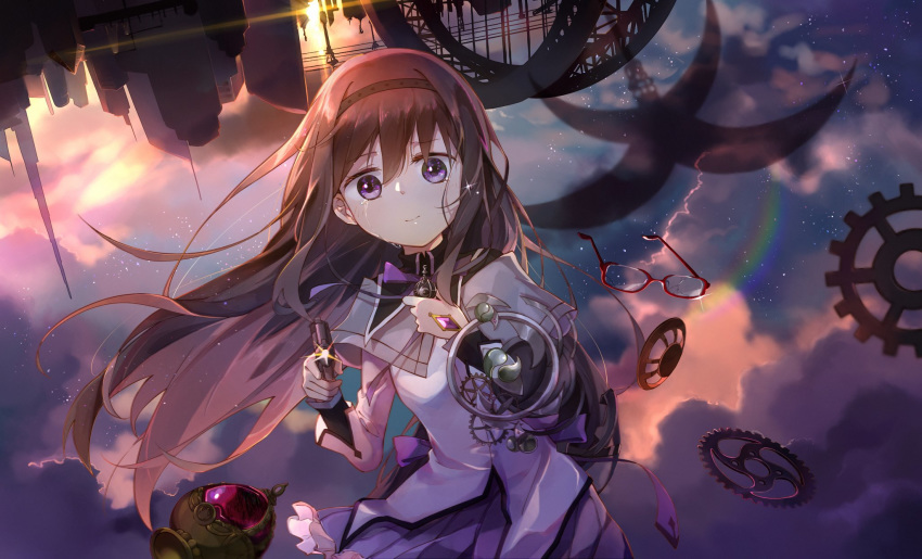 1girl akemi_homura bangs black_hair bridge building capelet cloud cloudy_sky crying gears glasses grief_seed gun headband highres long_hair looking_at_viewer mahou_shoujo_madoka_magica pleated_skirt purple_eyes rainbow red-framed_eyewear shield siren_owk skirt sky smile solo soul_gem upside-down weapon