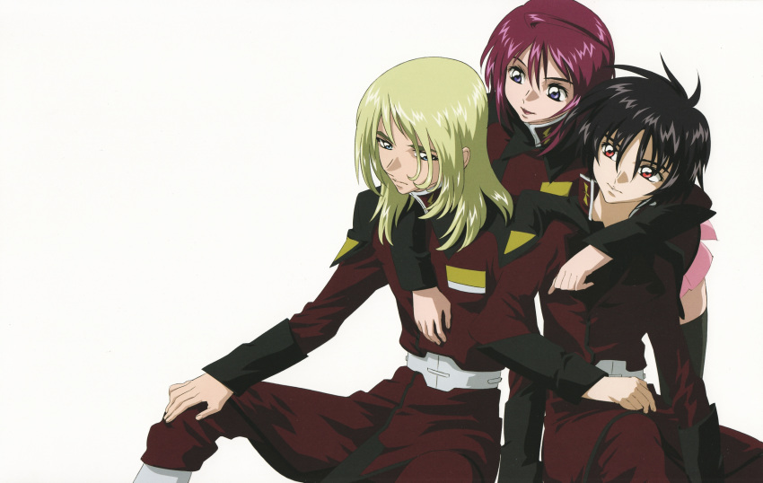 1girl 2boys ahoge arm_around_shoulder artist_request black_hair blonde_hair blue_eyes gundam gundam_seed gundam_seed_destiny highres leaning_forward long_hair looking_at_another lunamaria_hawke military military_uniform miniskirt multiple_boys official_art pink_hair purple_eyes red_eyes rey_za_burrel shinn_asuka short_hair sitting skirt thighhighs uniform