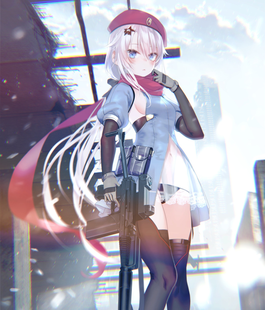 1girl 9a-91 9a-91_(girls_frontline) absurdres assault_rifle bangs beret black_panties blue_dress blue_eyes blue_sky blush breasts cityscape cloud day dress eyebrows_visible_through_hair floating_hair girls_frontline gloves gun hair_between_eyes hair_ornament hat highres holding holding_gun holding_weapon long_hair looking_at_viewer low_twintails medium_breasts navel outdoors panties pottsness red_scarf rifle scarf see-through silver_hair sky snow solo star star_hair_ornament thighhighs twintails underwear very_long_hair weapon wind