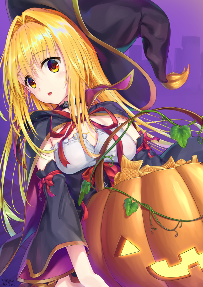 1girl 2018 bangs black_cloak black_headwear black_sleeves blonde_hair bow cloak collar dated detached_sleeves eyebrows_visible_through_hair frills hair_intakes halloween halloween_costume hat highres holding konjiki_no_yami long_hair long_sleeves looking_at_viewer neck_ribbon open_mouth pumpkin purple_background red_bow red_ribbon ribbon shiny shiny_hair signature solo strapless to_love-ru traveler_(artbbt) very_long_hair witch_hat yellow_eyes