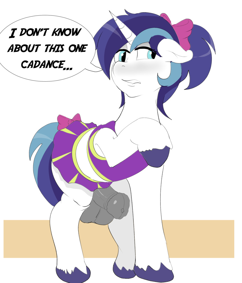 animal_genitalia animal_penis balls bottomwear bow clothed clothing crossdressing dialogue equid equine_penis feral friendship_is_magic hi_res horn male mammal my_little_pony penis shining_armor_(mlp) skirt skyearts unicorn