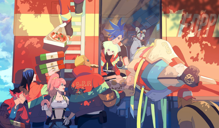 aina_ardebit belt blue_eyes blue_hair candy doughnut eating firefighter food galo_thymos gloves goggles green_hair ground_vehicle gueira highres ignis_ex jacket lio_fotia lollipop long_hair lucia_fex matoi meis_(promare) midriff motor_vehicle multiple_belts oka_(a.m.) open_mouth pastry_box pink_hair pizza pizza_box promare purple_eyes shorts side_ponytail smile spiked_hair suspenders thighhighs truck varys_truss vinny_(promare)