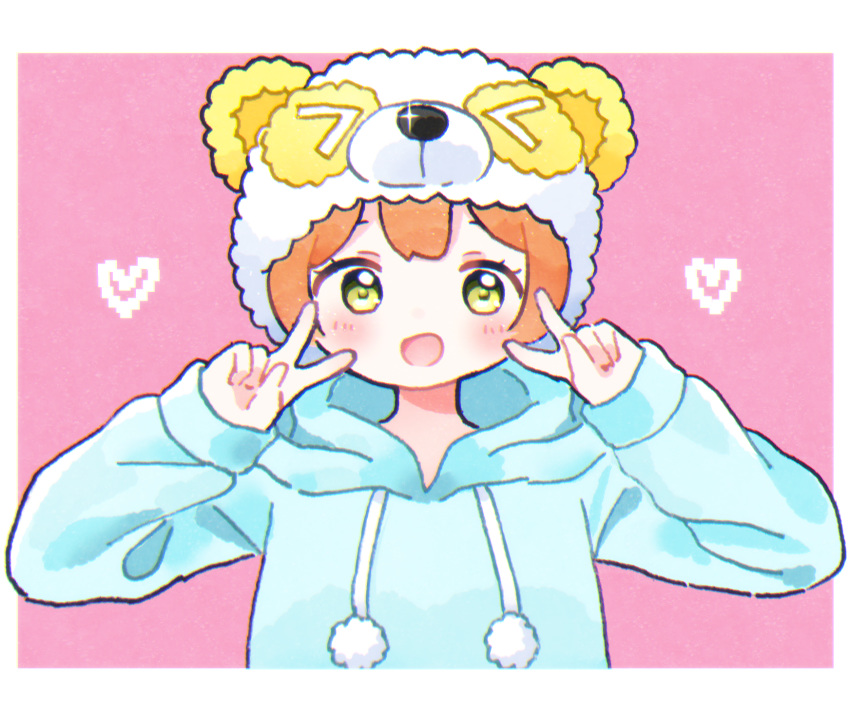 1girl :d bear_hat blue_hoodie blush double_v green_eyes heart highres hood hood_down hoshizora_rin long_sleeves looking_at_viewer love_live! love_live!_sunshine!! open_mouth orange_hair pajamas pink_background pom_pom_(clothes) short_hair simple_background smile solo upper_body v yashino_84