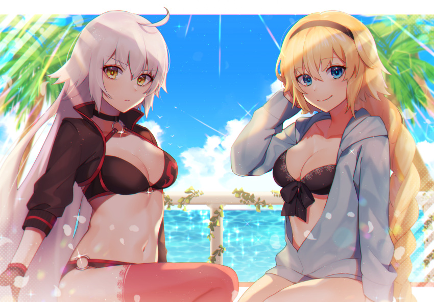 2girls ahoge bikini bikini_under_clothes black_bikini black_gloves black_hairband blonde_hair blue_eyes blue_sky braid breasts cleavage closed_mouth cloud day eyebrows_visible_through_hair fate/grand_order fate_(series) gloves hairband highres jacket jeanne_d'arc_(alter_swimsuit_berserker) jeanne_d'arc_(fate)_(all) jeanne_d'arc_(swimsuit_archer) long_hair long_sleeves looking_at_viewer medium_breasts multiple_girls navel o-ring o-ring_bikini outdoors palm_tree peta_(snc7) red_legwear single_braid sky smile sparkle sunlight swimsuit thighhighs tree white_hair yellow_eyes