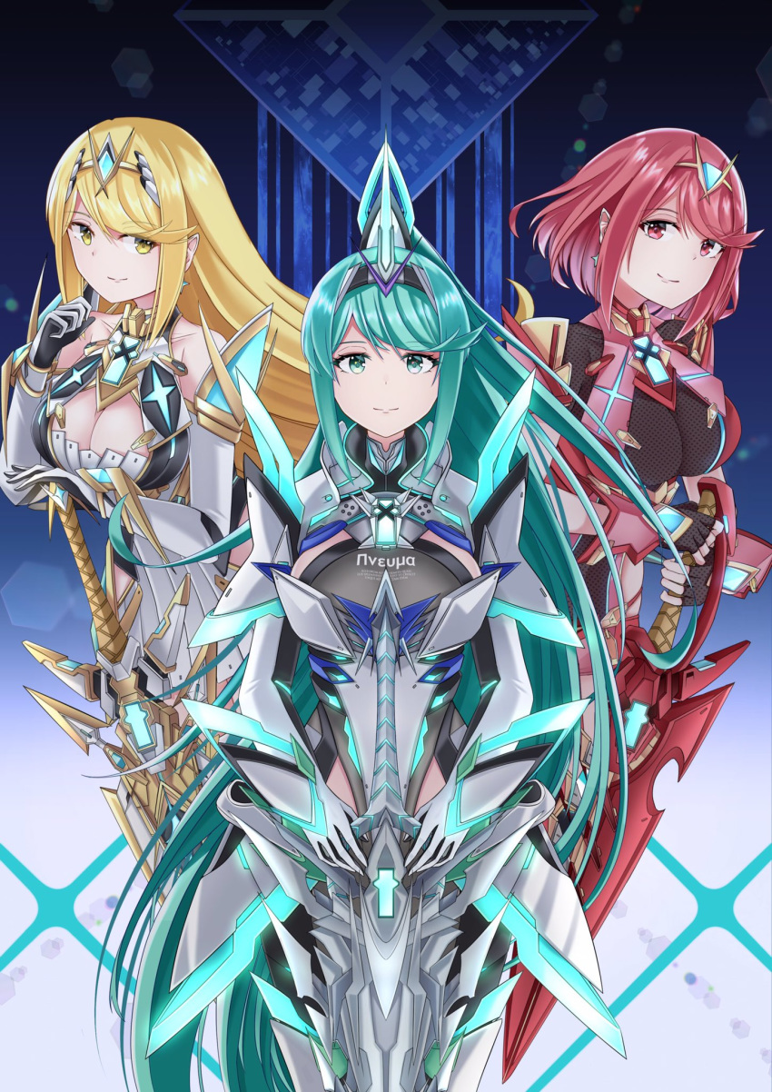 3girls armor bangs blonde_hair blush breasts cleavage commentary_request covered_navel dress earrings elbow_gloves fingerless_gloves gem gloves green_eyes green_hair hair_ornament headpiece highres hikari_(xenoblade_2) homura_(xenoblade_2) jewelry large_breasts long_hair looking_at_viewer mechanical_wings multiple_girls multiple_persona panties pneuma_(xenoblade_2) ponytail pose red_eyes red_hair red_shorts sarasadou_dan short_hair short_shorts shorts shoulder_armor simple_background smile spoilers swept_bangs thigh_strap thighhighs tiara underwear very_long_hair white_background white_dress wings xenoblade_(series) xenoblade_2 yellow_eyes