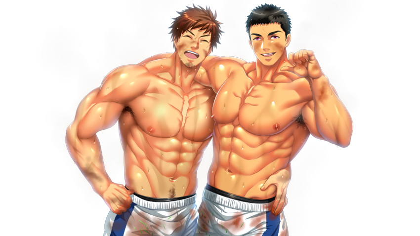 2boys armpit_hair bara black_hair body_hair brown_hair closed_eyes dirty dirty_clothes dirty_face facial_hair feet_out_of_frame hand_on_hip hifumi_(3b_x) looking_at_viewer male_focus multiple_boys muscle nipples original pectorals purple_eyes rugby rugby_uniform short_hair shorts simple_background smile spiked_hair sportswear sweat teeth tongue white_background