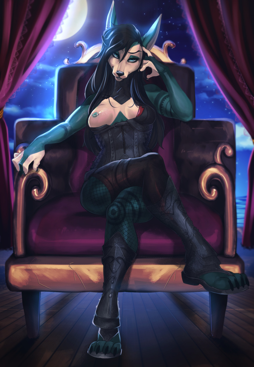 alasta anthro breasts canid canine chair clothed clothing female hair hi_res looking_at_viewer mammal nipples one_breast_out sitting smile solo throne