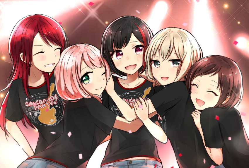 5girls :d ;) ^_^ afterglow aoba_moca aqua_eyes bang_dream! bangs black_hair black_shirt blush bob_cut brown_hair closed_eyes clothes_writing confetti diffraction_spikes grey_hair grin group_picture hazawa_tsugumi highres hug long_hair looking_at_viewer mitake_ran multicolored_hair multiple_girls one_eye_closed open_mouth pink_hair print_shirt purple_eyes red_hair semikaskas shirt short_hair short_sleeves smile streaked_hair t-shirt udagawa_tomoe uehara_himari upper_body