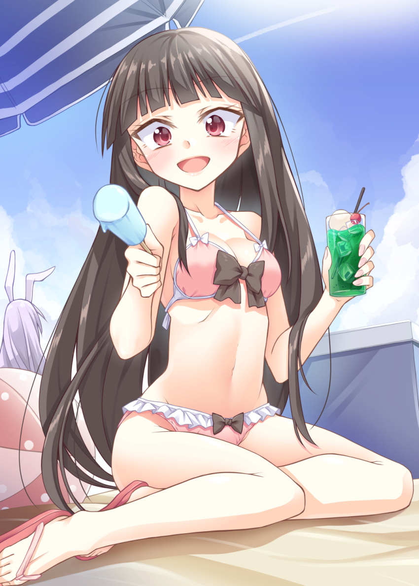 2girls :d animal_ears ball bangs beach_umbrella beachball bikini black_bow black_hair blue_sky blunt_bangs blush bow breasts bunny_ears cherry cloud collarbone commentary_request cooler cup day drinking_glass eyebrows_visible_through_hair food frills from_behind fruit groin hands_up highres holding holding_cup holding_food houraisan_kaguya ice ice_cube ina_(inadahime) long_hair looking_at_viewer medium_breasts multiple_girls nail_polish navel open_mouth outdoors partial_commentary pink_bikini pink_footwear pink_nails popsicle purple_hair red_eyes reisen_udongein_inaba sandals shadow sitting sky smile stomach swimsuit thighs touhou umbrella very_long_hair white_bow yokozuwari