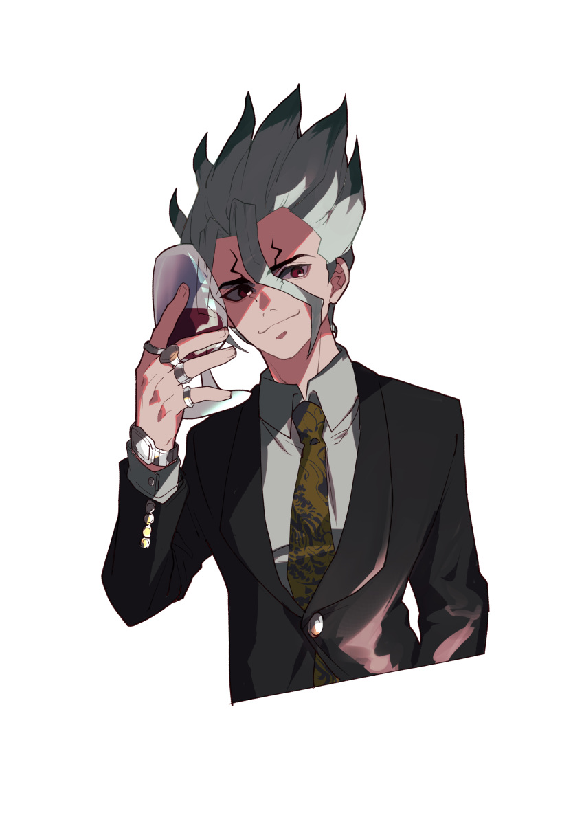 1boy absurdres alcohol black_suit brown_necktie cup dr._stone drinking_glass formal highres holding holding_cup ishigami_senkuu jewelry kuroha_dayo long_sleeves looking_at_viewer male_focus necktie red_eyes ring simple_background solo spiked_hair suit upper_body watch white_background wine_glass wristwatch