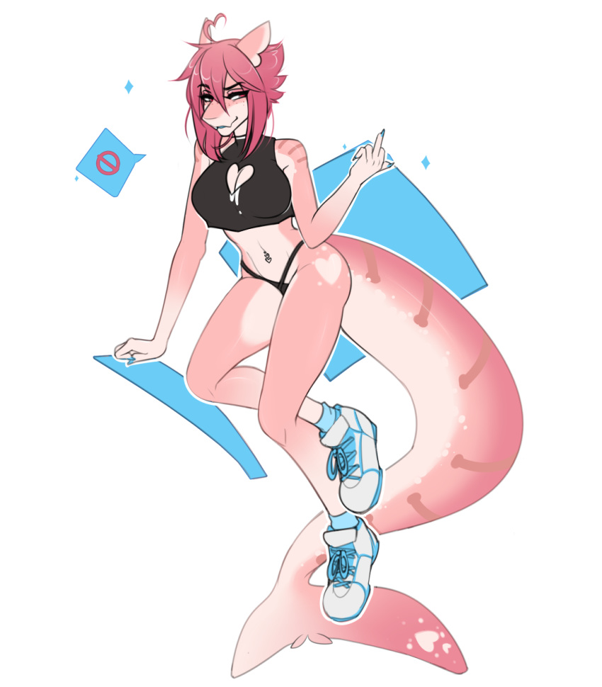 2019 5_fingers anthro athletic bare_shoulders breasts clothing digital_media_(artwork) eyebrows eyelashes female fin fingers fish footwear gesture hair here-kitty--kitty hi_res long_legs marine middle_finger midriff navel non-mammal_breasts pink_hair pink_skin shark shoes shrimp_(uk_brony) solo