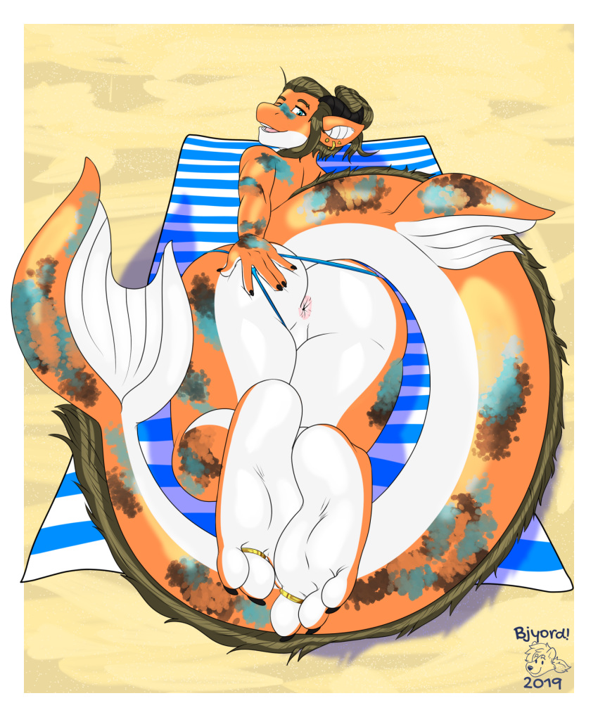 2019 3_toes amur_carp anthro anus beach big_butt bjyord butt carp claws clothing clothing_aside cyprinid cypriniform digital_media_(artwork) dragon ear_piercing ear_ring eyebrow_piercing facial_piercing feet fish foot_focus girly hair hi_res horn hybrid jewelry koi looking_at_viewer lying male marine on_front one_eye_closed outside piercing presenting presenting_anus presenting_hindquarters ring scalie seaside soles solo spreading swimwear swimwear_aside thick_thighs thong toe_claws toe_ring toes towel typical_carp watermark wide_hips