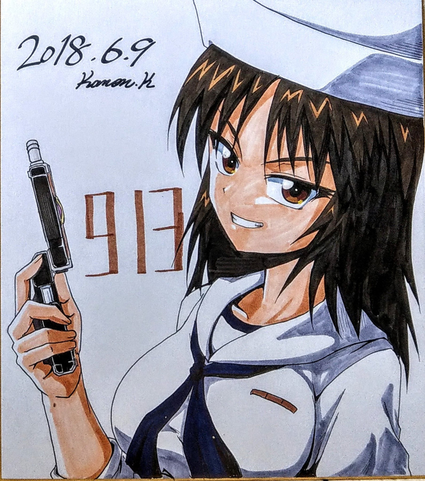 1girl breasts brown_eyes brown_hair dated girls_und_panzer grin hat highres kamishima_kanon large_breasts marker_(medium) murakami_(girls_und_panzer) ooarai_naval_school_uniform photo sailor sailor_hat school_uniform signature smile solo traditional_media upper_body