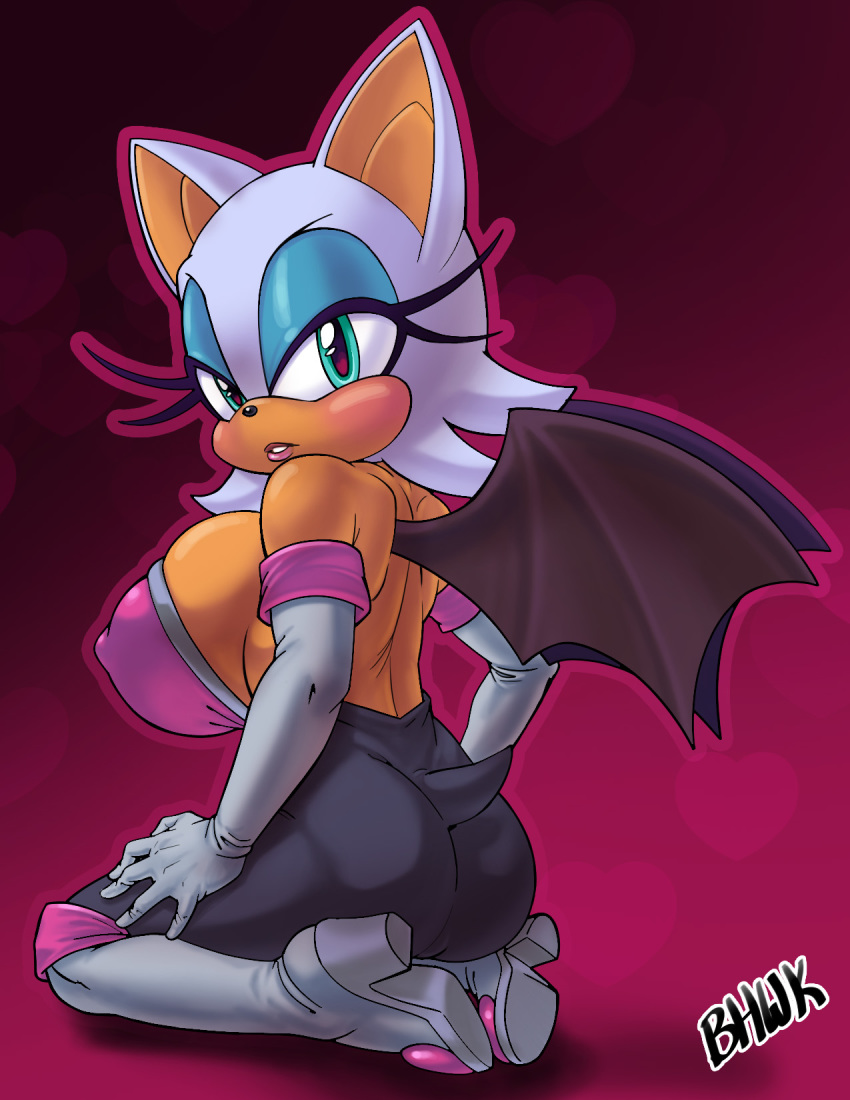 &lt;3 bhawk big_breasts blush breast_squish breasts chiropteran clothing female gloves handwear hi_res high_heeled_boots kneeling looking_at_viewer looking_back mammal nipple_outline rouge_the_bat solo sonic_(series) squish wings