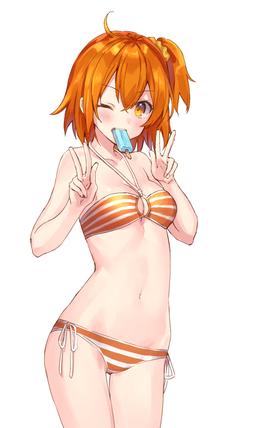 1girl absurdres ahoge bare_arms bare_shoulders bikini breasts brilliant_summer cleavage collarbone commentary_request cowboy_shot double_v fate/grand_order fate_(series) food fujimaru_ritsuka_(female) hair_ornament hair_scrunchie highres holding holding_food looking_at_viewer medium_breasts mouth_hold navel one_eye_closed one_side_up orange_bikini orange_eyes orange_hair popsicle rimo scrunchie short_hair side-tie_bikini sidelocks simple_background solo standing stomach striped striped_bikini swimsuit thighs v white_background