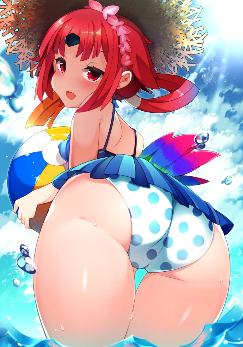 1girl ass bangs benienma_(fate/grand_order) bent_over bikini blush breasts covered_nipples day fang fate/grand_order fate_(series) from_behind hair_ornament hat highres legs_together looking_at_viewer looking_back open_mouth outdoors polka_dot polka_dot_bikini shiny shiny_hair shiny_skin short_hair skin_fang small_breasts smile solo straw_hat swimsuit tail thigh_gap wading water wet zamudelin