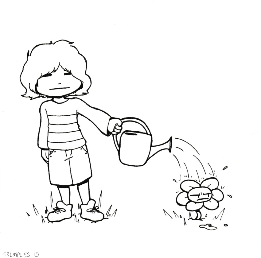 2015 flowey_the_flower fluffyfrumples hi_res human mammal monochrome protagonist_(undertale) simple_background undertale video_games watering_can white_background