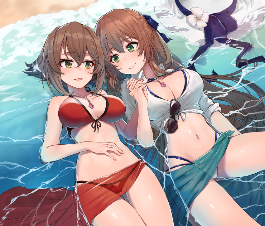 2girls absurdres bare_arms bare_shoulders beach bikini breasts breasts_apart brown_hair caustics cleavage closed_mouth collarbone collared_shirt commission crop_top crossover eyewear_hang eyewear_removed flower front-tie_bikini front-tie_top girls_frontline green_eyes hair_ribbon hairband halter_top halterneck hand_on_own_stomach hat hat_flower hat_ribbon heart_lock_(kantai_collection) highleg highleg_bikini highres holding_hands jewelry jjeono kantai_collection large_breasts long_hair looking_at_another lying m1903_springfield_(girls_frontline) multiple_girls mutsu_(kantai_collection) navel necklace on_back parted_lips partially_submerged red_bikini revision ribbon sarong shirt short_hair smile stomach sun_hat sunglasses swimsuit thigh_gap very_long_hair water white_bikini white_flower white_headwear white_shirt