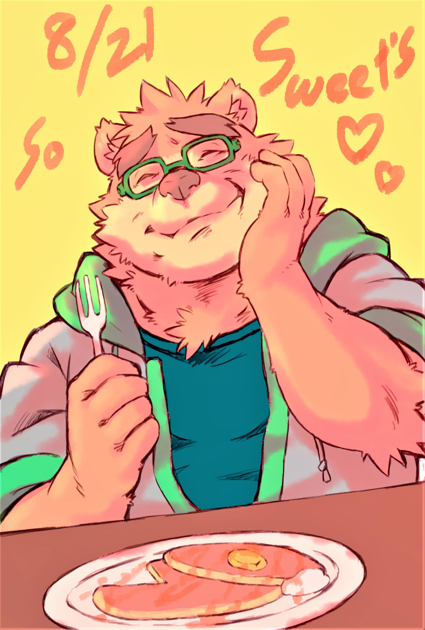 &lt;3 2019 absurd_res anthro clothing english_text eyes_closed eyewear food glasses heylaw21 hi_res hoodie humanoid_hands mammal pancake simple_background slightly_chubby text tokyo_afterschool_summoners topwear ursid video_games volos yellow_background