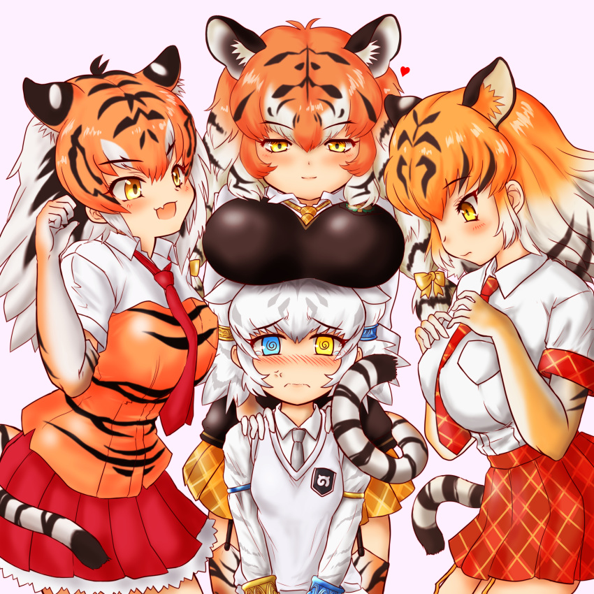 4girls @_@ absurdres anger_vein animal_ear_fluff animal_ears animal_print bangs black_hair blue_eyes blush bow breast_pocket breast_rest breasts breasts_on_head byakko_(kemono_friends) closed_mouth collared_shirt commentary_request elbow_gloves extra_ears eyebrows_visible_through_hair fang garter_straps gloves grey_hair grey_neckwear hair_bow hakumaiya half-closed_eyes hands_on_another's_shoulders hands_up heart height_difference heterochromia highres japari_symbol kemono_friends long_hair long_sleeves looking_at_another looking_at_viewer low-tied_long_hair multicolored_hair multiple_girls necktie nose_blush open_mouth orange_hair pink_background plaid plaid_neckwear plaid_skirt pocket print_gloves print_shirt red_neckwear shirt short_hair short_sleeves siberian_tiger_(kemono_friends) sidelocks skirt smile sumatran_tiger_(kemono_friends) sweater_vest tail tearing_up thighhighs tiger_(kemono_friends) tiger_ears tiger_print tiger_tail twintails two-tone_hair v_arms white_hair white_shirt wing_collar yellow_eyes zettai_ryouiki