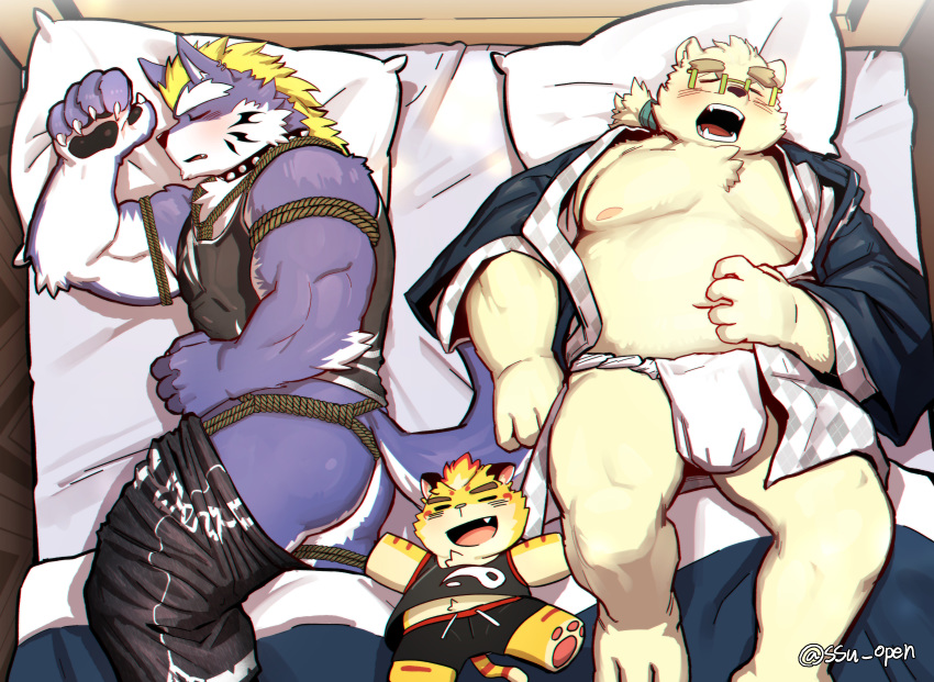 2019 absurd_res bed belly blush bound butt canid canine canis clothing doll eyewear fenrir_(housamo) fundoshi glasses hi_res japanese_clothing leib_(tas) male mammal muscular muscular_male nipples overweight overweight_male pajamas pillow polar_bear rope rope_bondage rope_harness sleeping ssu ssu_open tattoo tokyo_afterschool_summoners underwear ursid ursine video_games wolf