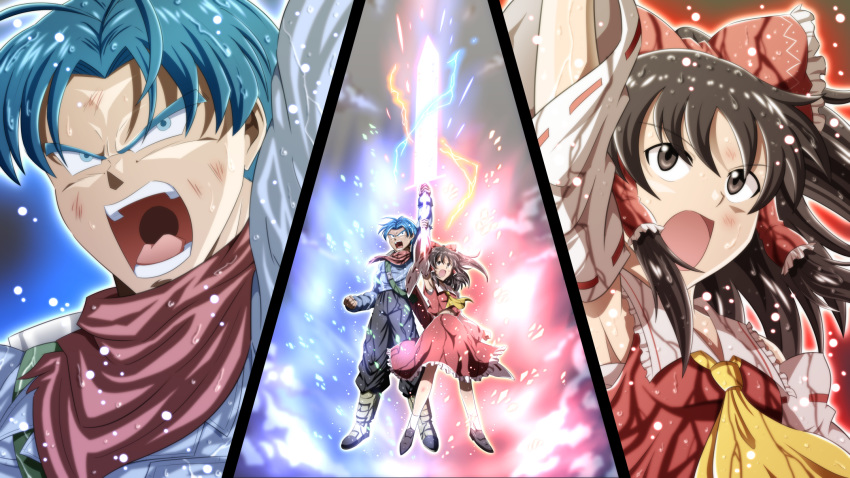 1boy 1girl aura blue_eyes blue_hair brown_eyes brown_gloves brown_hair commentary_request crossover detached_sleeves dirty dragon_ball dragon_ball_super electricity energy_sword frilled_skirt frills gloves hakurei_reimu highres jacket neckerchief nontraditional_miko ohoho open_mouth red_skirt ribbon-trimmed_sleeves ribbon_trim skirt sword touhou trunks_(future)_(dragon_ball) weapon wide_sleeves