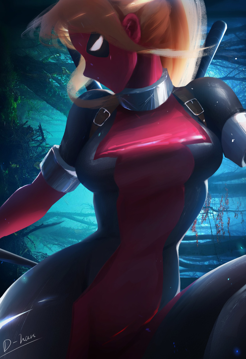 1girl absurdres alternate_hairstyle belt blonde_hair bodysuit breasts d-han highres lady_deadpool looking_to_the_side marvel mask medium_breasts ponytail profile signature solo superhero sword tree weapon