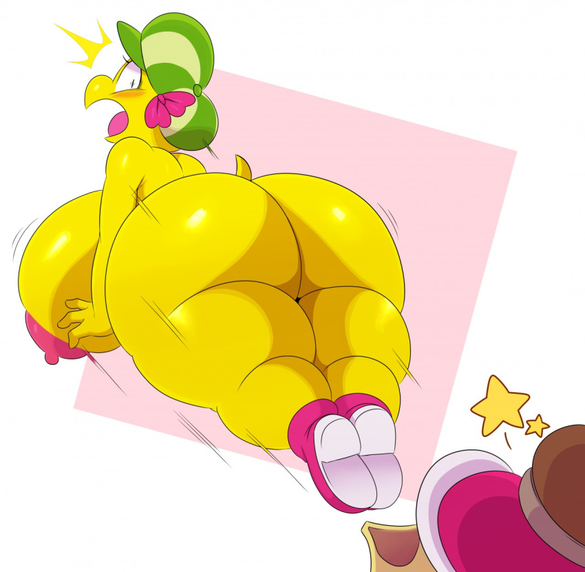 2019 anthro big_breasts big_butt breasts butt clothing embarrassed footwear forced_nudity hat headgear headwear hi_res huge_breasts huge_butt hyper hyper_breasts koopa koopa_troopa kylie_koopa mario_and_luigi_(series) mario_bros mostly_nude nintendo nipples non-mammal_breasts open_mouth reptile scales scalie shoes short_tail simple_background sssonic2 star tongue turtle video_games yellow_body yellow_scales yellow_skin