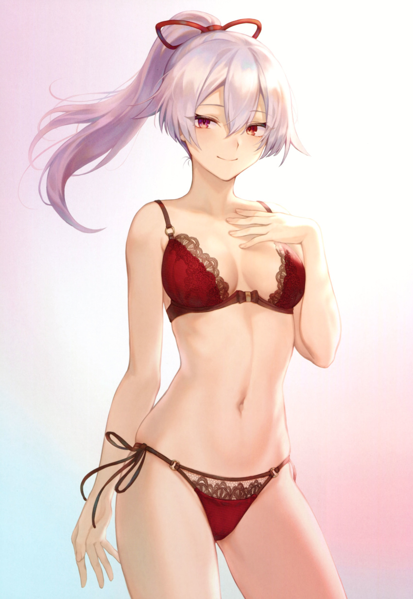 1girl absurdres bangs bra breasts closed_mouth contrapposto cowboy_shot crossed_bangs fate/grand_order fate_(series) gradient gradient_background hair_between_eyes hair_ribbon hand_on_own_chest high_ponytail highleg highleg_panties highres lace lace-trimmed_bra long_hair mashuu_(neko_no_oyashiro) navel o-ring o-ring_bottom o-ring_panties o-ring_top panties ponytail red_bra red_hair red_panties ribbon scan side-tie_panties silver_hair simple_background skindentation small_breasts smile solo stomach string_panties tomoe_gozen_(fate/grand_order) underwear underwear_only