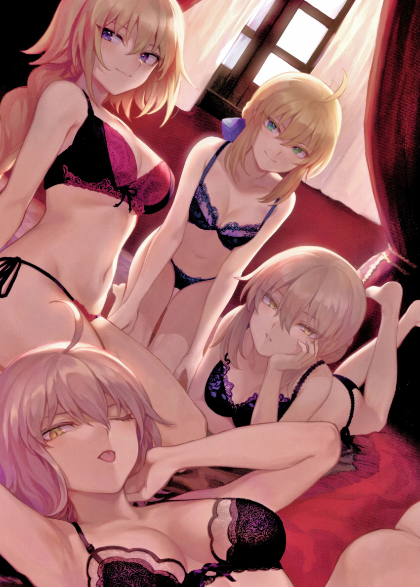 4girls ;p absurdres ahoge all_fours arm_support artoria_pendragon_(all) bangs bare_shoulders black_bra black_panties blonde_hair blue_eyes blue_ribbon blush bow bow_bra bra braid breasts cleavage closed_mouth collarbone crossed_ankles crown_braid dutch_angle elbow_rest expressionless eyebrows_visible_through_hair fate/apocrypha fate/grand_order fate/stay_night fate_(series) flower green_eyes groin hair_between_eyes hair_bun hair_ribbon half-closed_eyes hand_on_own_cheek hand_on_own_knee head_tilt heterochromia highres indoors jeanne_d'arc_(alter)_(fate) jeanne_d'arc_(fate) jeanne_d'arc_(fate)_(all) jewelry large_breasts leaning_back leaning_forward lingerie long_hair looking_at_viewer lying mashuu_(neko_no_oyashiro) medium_breasts multiple_girls navel necklace on_back on_bed one_eye_closed panties parted_lips red_bra red_flower removed ribbon ribbon-trimmed_bra rose saber saber_alter scan side-tie_panties sidelocks signature single_braid sitting smile stomach table tareme thighs tongue tongue_out twitter_username underwear underwear_only very_long_hair wariza window yellow_eyes
