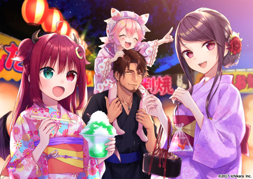 1boy 3girls alternate_costume belmond_banderas black_hair booth chopsticks closed_eyes commentary_request facial_hair goatee gundou_mirei hair_ornament hat heterochromia hijiki_(hijikini) horns japanese_clothes jewelry kimono multiple_girls necklace night nijisanji open_mouth pointing red_hair ushimi_ichigo virtual_youtuber yukata yuzuki_roa