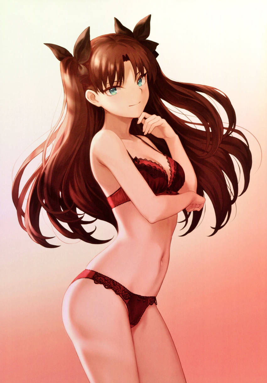 1girl absurdres bangs bare_shoulders black_bow black_ribbon blue_eyes blush bow bow_bra bow_panties bra breasts brown_hair cleavage closed_mouth collarbone fate/stay_night fate_(series) gradient gradient_background hair_ribbon hand_on_own_chin highres lace lace-trimmed_bra lace-trimmed_panties lace_trim long_hair looking_at_viewer mashuu_(neko_no_oyashiro) navel panties parted_bangs red_bra red_panties ribbon ribbon-trimmed_bra ribbon-trimmed_panties scan small_breasts smile solo standing stomach thighs toosaka_rin two_side_up underwear underwear_only